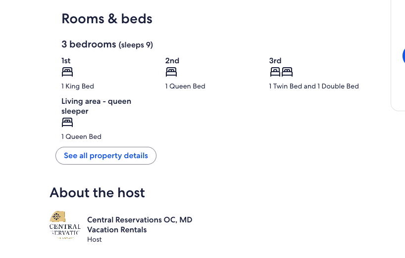 Vrbo listing's About the host section, naming Central Reservations OC, MD Vacation Rentals as the host