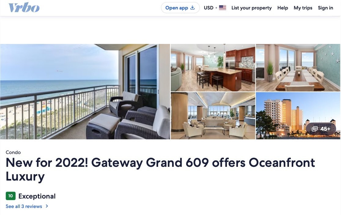 Vrbo listing titled New for 2022! Gateway Grand 609 offers Oceanfront Luxury, with the building name and unit number in the title