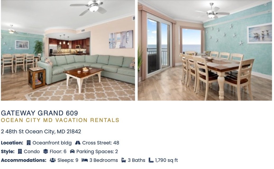 The same condo, Gateway Grand 609, on centraloc.com, including the starfish-wall dining room that also appears in the Vrbo listing photos