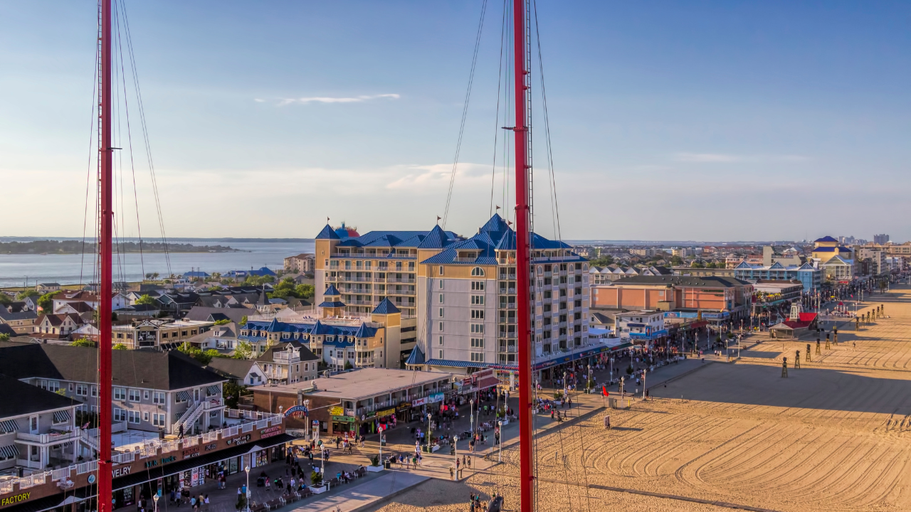 View of Ocean City MD Beach from an amusement park ride.