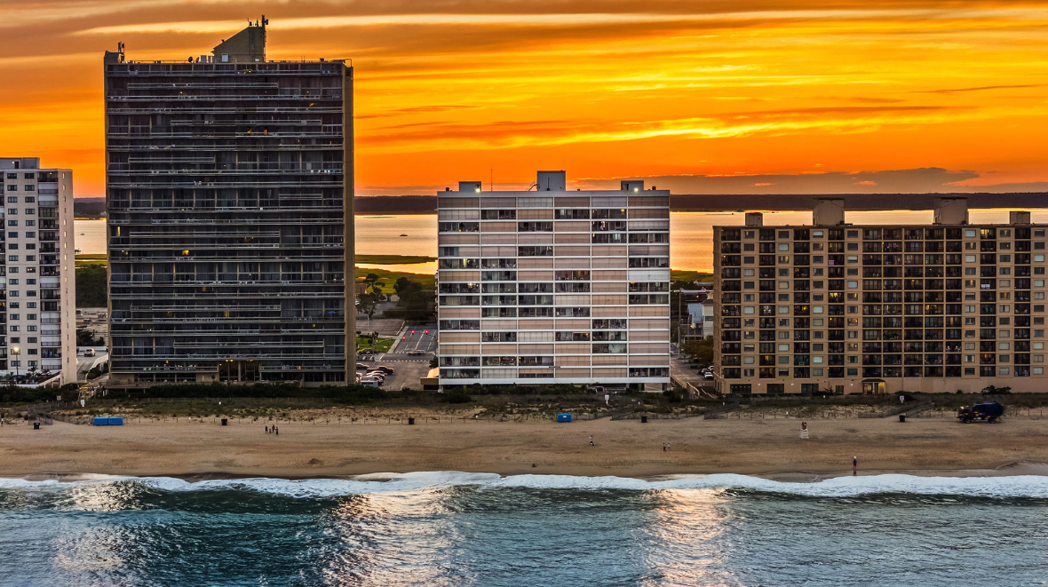 Ocean City MD skyline with highrise condos along the oceanfront